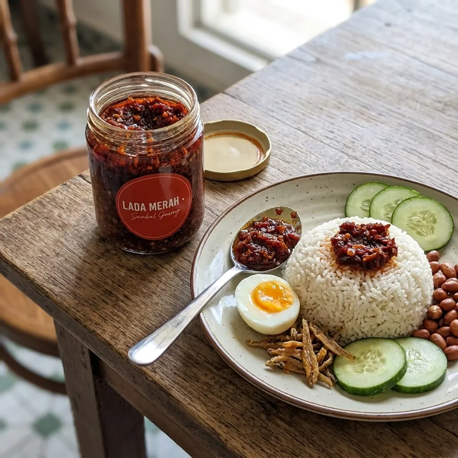 The same Lada Merah jar beside a plate of nasi lemak